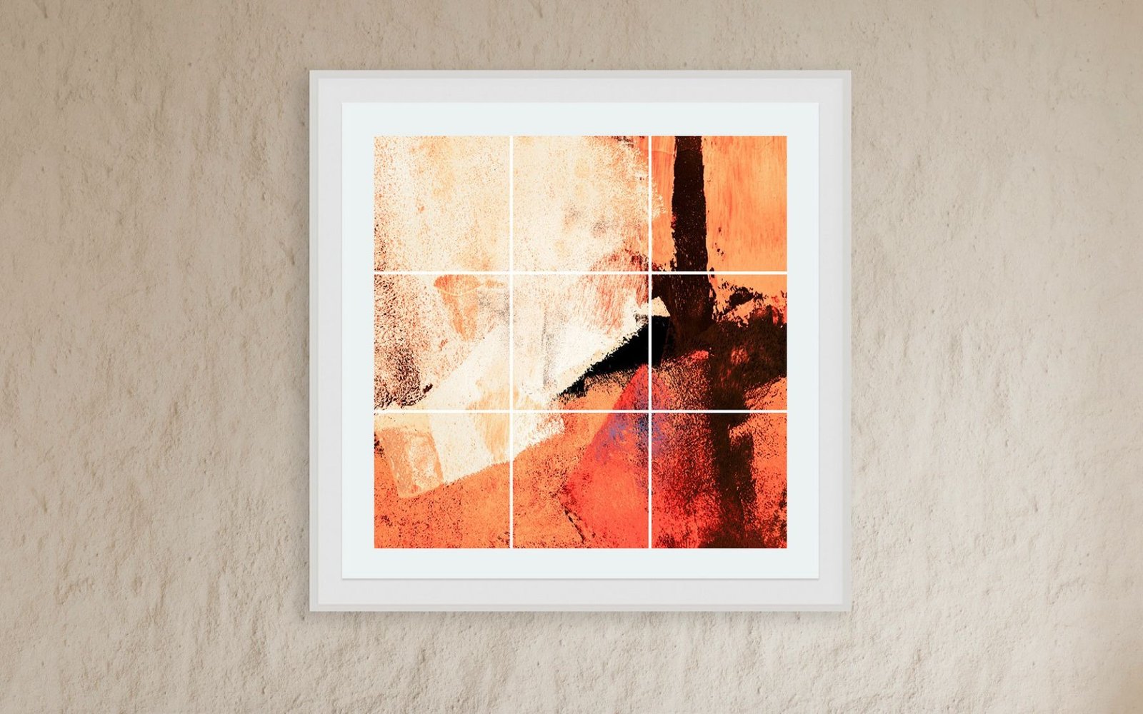 Analogous Anthology No.7, orange and red montage, framed on a textured wall
