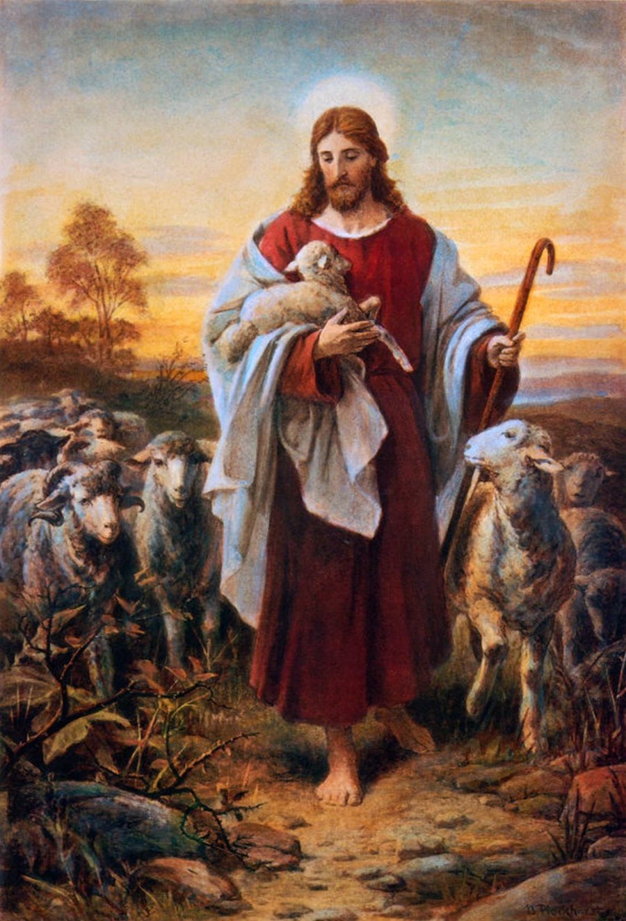 Bernhard Plockhorst, The Good Shepherd, 1878, Jesus carrying a lamb with His flock