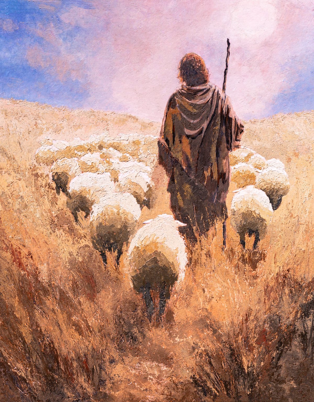 Eternal Shepherd, a Good Shepherd painting of Jesus seen from behind with His flock, by Martin Osner