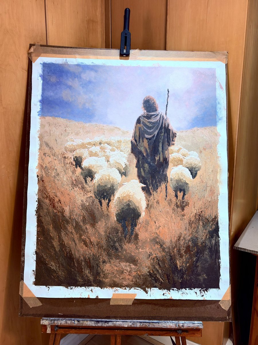 Eternal Shepherd taped to the board on the easel in Martin Osner's studio