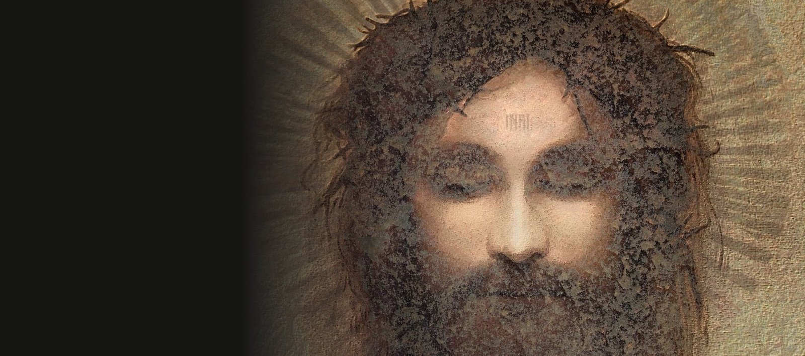 INRI, a portrait of Jesus with closed eyes and a halo, by Martin Osner