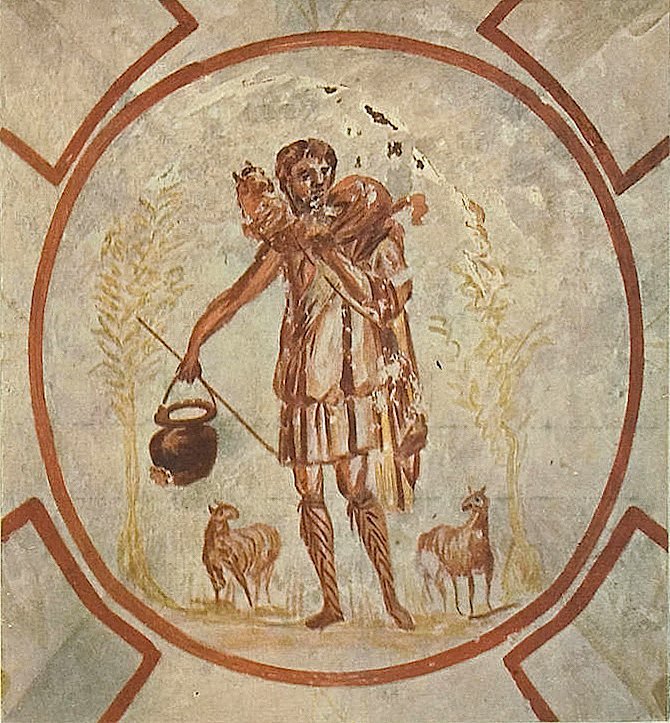 The Good Shepherd, a 3rd century wall painting in the catacombs of Rome