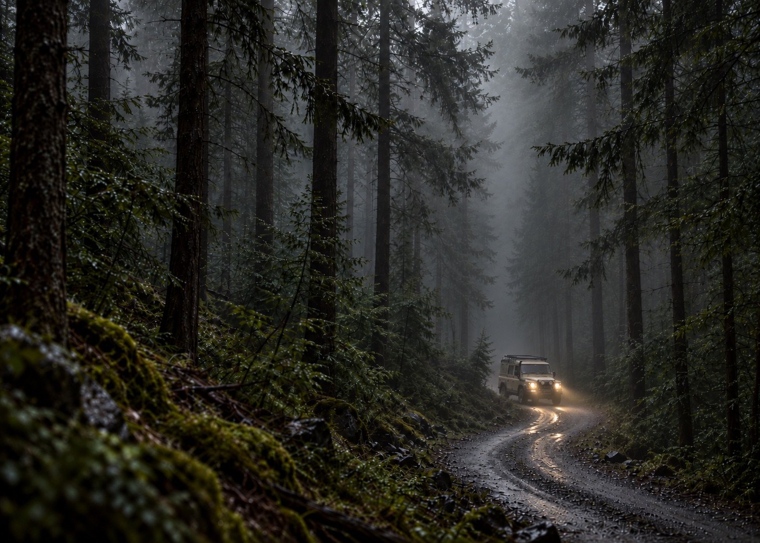 A Land Rover Defender with its headlights on, on a misty gravel road through a forest