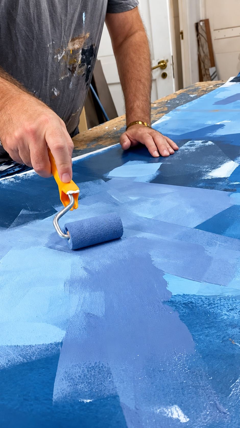 Martin Osner rolling paint onto a canvas