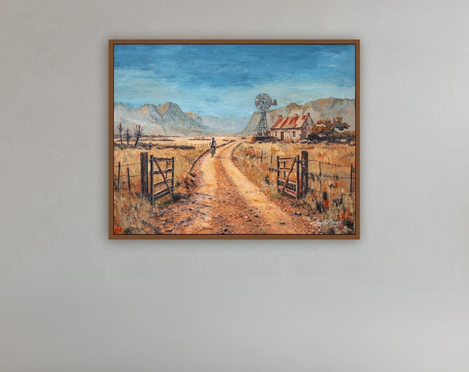 Fields of Gold framed on a grey gallery wall, an original painting by Martin Osner