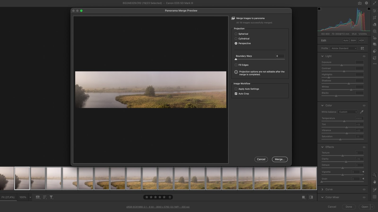 Lightroom panorama merge joining the vertical frames of Solitude into one long picture